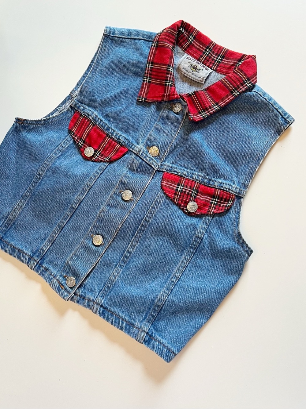 Vintage 1990’s New Clothing Company Red Plaid Tartan Plaid Grunge Denim Vest